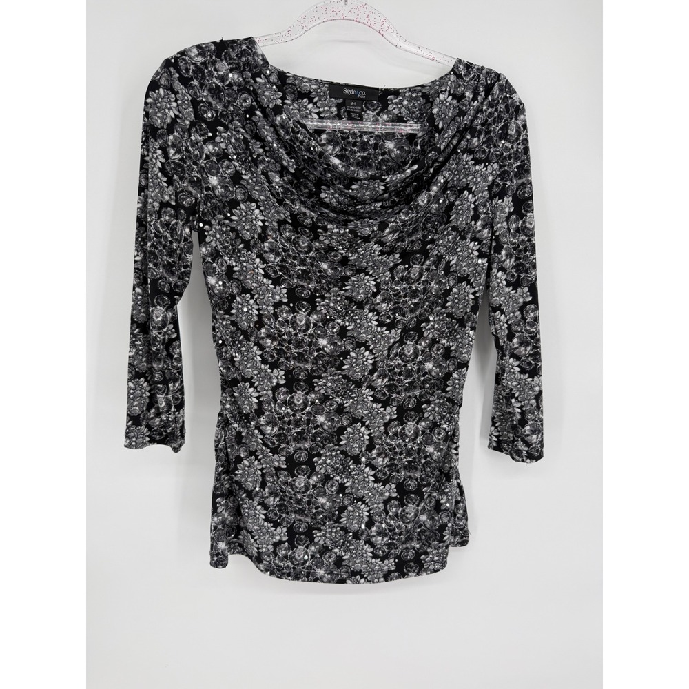 Style & Co Women Black Gray Floral Sequin Cowl Neck 3/4 Sleeve Blouse Sz PS